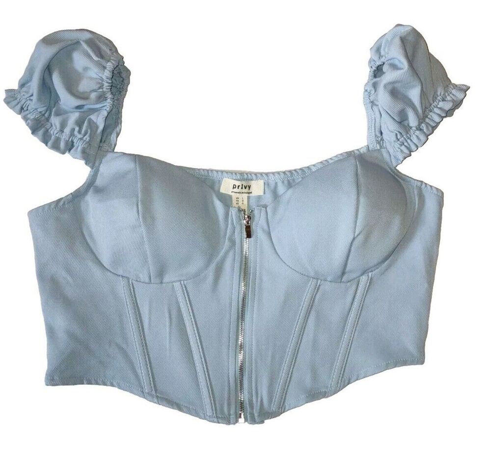 Sz L Off Shoulder Short Bubble Sleeve Corset Style Crop Top Blouse Y2K